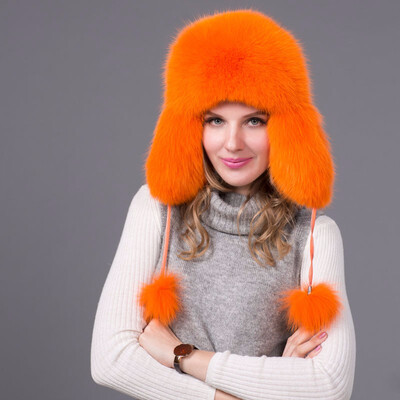 

FURART hot warm autumn&winter female Fox fur bomber hat snow cap fur womens hat ladies leather ear caps