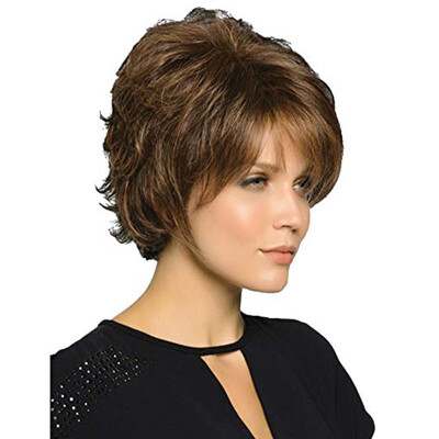 

QianBaiHui Short Curly Wigs for White Women - Brown Wigs with Bangs Synthetic Heat Resistant Fiber Hair full Wigs for Daily Use