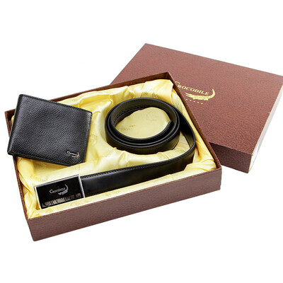 

Men's Leather Belt with Automatic Buckle Wallet in Gift Box, Black