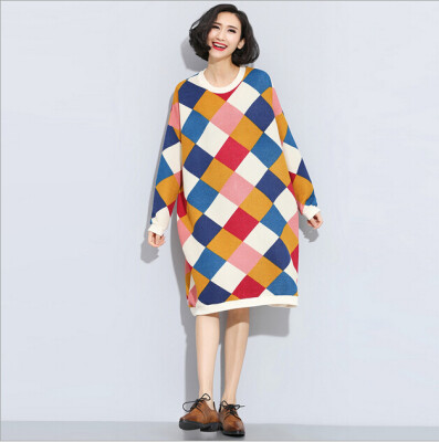 

Lovaru ™2015 Autumn color diamond pattern dress pulse size long section of loose women hedging sweater New arrival