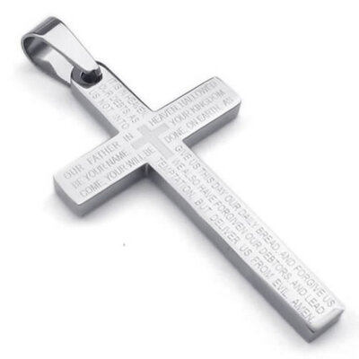 

Hpolw Stainless Steel Mens Lords Prayer Cross Pendant Necklace, Silver, 18-26 inch Chain