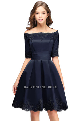 

2018 A-line Off-shoulder Half Sleeves Short Lace Appliques Prom Dresses