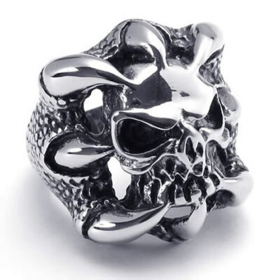 

Hpolw Stainless Steel Band Gothic Skull Claw Biker Mens Ring Color Black Silver