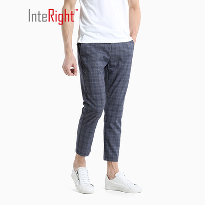 

INTERIGHT Casual Pants Mens Check Pattern Cropped Casual Pants Gray Blue Plaid  32