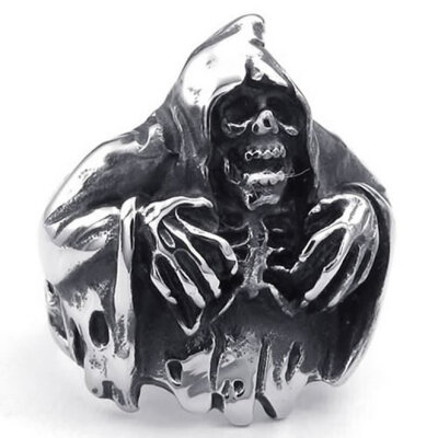 

Hpolw Mens Stainless Steel Ring, Gothic Casted Grim Reaper Skull, Black Silver