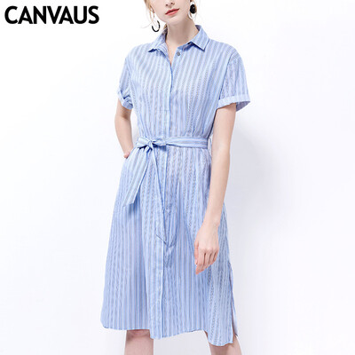 

Canvaus Summer New Fashion Striped Commuter Slim Simple Tie Waist Long Section Dress