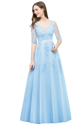 

Half Sleeves Dust Pink Lace Evening Dresses Backless Applique Long Party Dresses 2018
