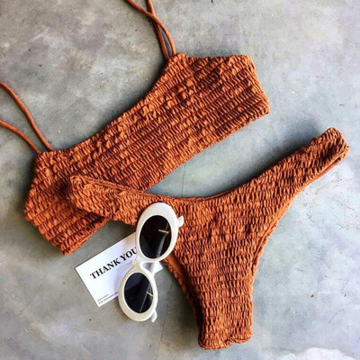 

2 Pieces Sexy Bikini Beach Bather Bra And Brief Swimming Suit Pleated Triangle Swimwear Women Swimsuits