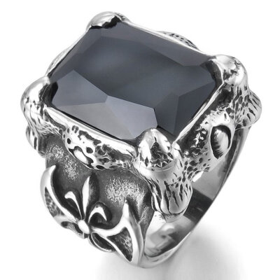 

Hpolw Men Large Silver Stainless Steel Black Crystal Ring&Agate Dragon Claw Knight Fleur De Lis Vintage Gothic ring