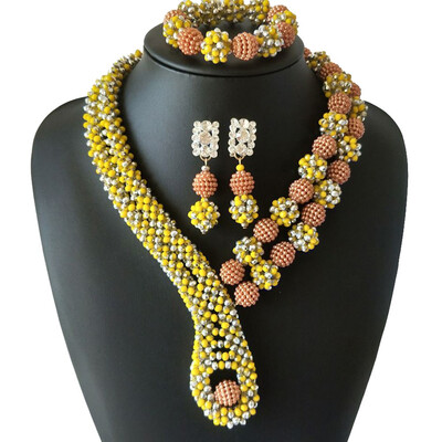 

Fashion African Beads Jewelry Set Yellow And Silver Braided Ball Party Accessories Jewelry Nigerian Wedding Collar Necklace Set