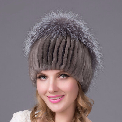 

Real mink fur fox fur ball cap ladies winter thick warm knit hat earmuffs fashion new discount hot sale