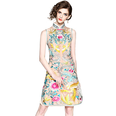 

QUZIHUA 2018 New Summer Indie Folk A-Line Embroidery Cheongsam Dress Sleeveless Tank Mandarin Collar Tank Dress