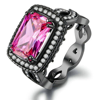 

Luxury Fashion Square Pink Cubic Zirconia Luxury Black Gold Color Ring Cocktail Rings For Women DD041