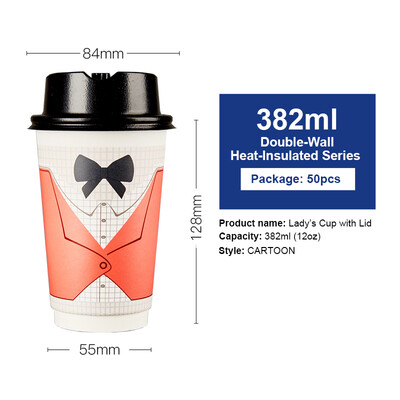 

OTOR 382ml Paper Cups for Milk Tea Coffee Thickened Double Wall Heat-Insulated Cup with Cover Party Anniversary Cup 50pcs