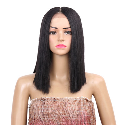 

14inch Blunt Cut Bob Wig Yaky Straight Synthetic Wigs For Women Swiss Lace Front Hair Wigs And T Part Wig