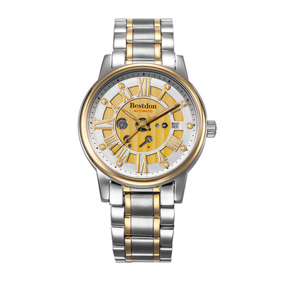 

Bestdon 7109G Mens Fashion Waterproof Stainless Steel Band Hollow Out Auto-Mechanical Wristwatch Gold Silver White