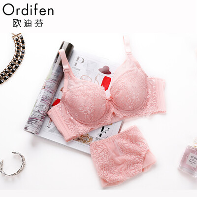 

Ou Difen Lady Bra Sexy Lace Side V Gathering 34 Thin Cup Adjustment Widening Underwear Bra XB5308 Pink Rose 80C