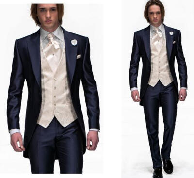 

Silm Fit Navy Blue Groom Tuxedos Tailcoat Best Man Wedding Grooms 3 Piece Suits