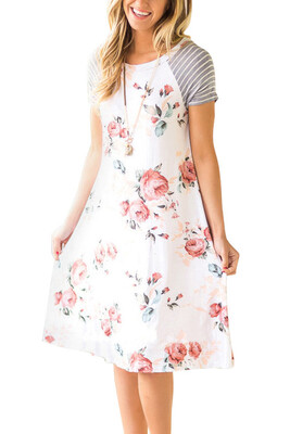 

Women Floral Striped Short Sleeve Crewneck T-Shirt Dress Tunic Midi Dress Navy Blue Womens Summer Casual Short Sleeve Round Neck