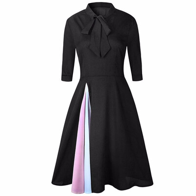 

Office Lady Dress Women Elegant Vintage Style Evening Party Dresses Women Half Sleeves Stand Neck Business Bowknot Vestidos