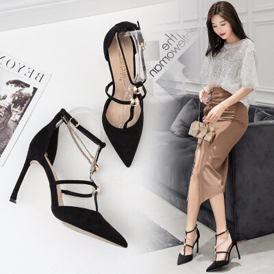 

2018 spring&summer the new one with buttons&sandals high heels chain pointed shallow shoes small shoes