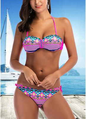 

2018 Halter Geometric Print Bandage Underwire Push Up Bikini Set