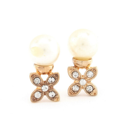 

Stud 1 Pair Fashion Jewelry Gold Four-leaf Flower Earrings Pearl Rhinestone