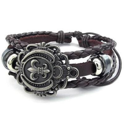 

Hpolw Mens Womens Leather Bracelet Fleur De Lis Charm Bangle Fit 7-9 inch Brown