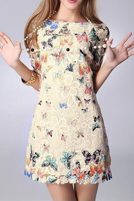

Elegant Colorful Butterfly Print Half Sleeve Mini Lace Dress Homecoming Dress