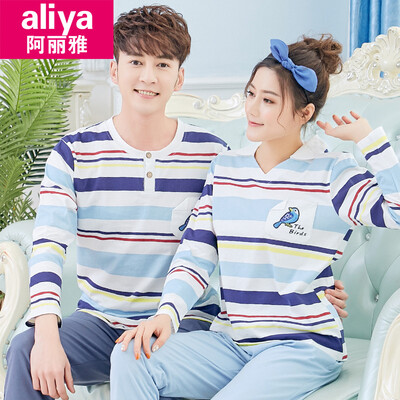 

Aria pyjamas female autumn cotton long-sleeved couple pajamas men autumn cotton student ladies home service female autumn suit ALY20011-15 male color strip bird XXXL