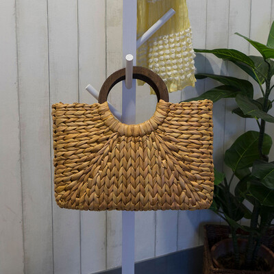 

Rectangle Rattan Totes INS Vintage Women Bohemian Fashion Handbag Top-Handle Concise Braided Bag Large Wood Handle Bags