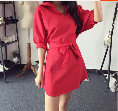 

Lovaru ™ Early autumn of 2015 the new European and American fashion temperament looser v-neck bat sleeve belt pure color dress f