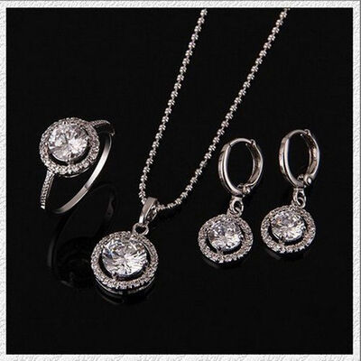 

14K White Gold Plated Crystal White Round Shape Ring Pendant Earring Sets 8#
