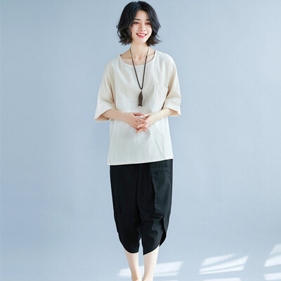 

2018 Summer New Linen Casual Short-Sleeved Female T-shirt Loose Round Neck Collar Solid Color Cotton&Linen Top Shirt