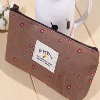 

Cosmetic Makeup Bag Floral Canvas Double Zipper Pencil Case Coin Pouch Purses