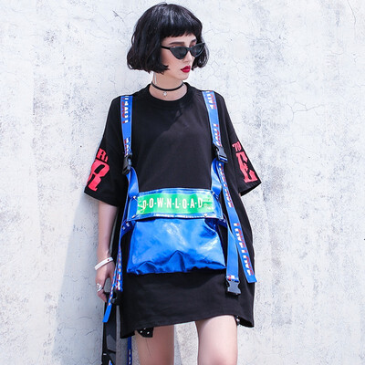 

New Womens Tide Loose T-shirt O-neck Short-sleeved Stitching PU Big Pocket Fashion T Shirt Female
