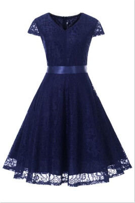 

New Lace Stitching Retro Belt Waist Slim Dress
