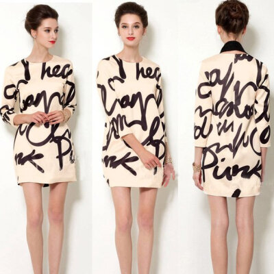 

Women's Black and Apricot Letter Print Women O-Neck 3/4 Sleeve Dress