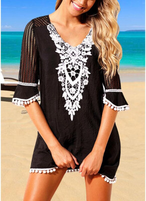 

2018 Crochet Lace Hollow Out Half Sleeves Loose Cover Ups