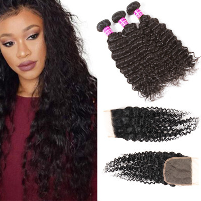 

Glary Peruvian Deep Wave Hair With Closure Can Be Dyed Human Hair Bundles with Closure 3 Bundles with Free Part Hair Extensions