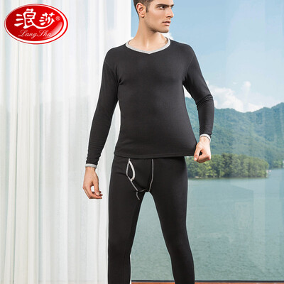 

Langsha LangSha thermal underwear mens thick section plus velvet solid color cotton autumn&winter V-neck cold bottoming Qiuyi Qiuku suit dark gray XXXL
