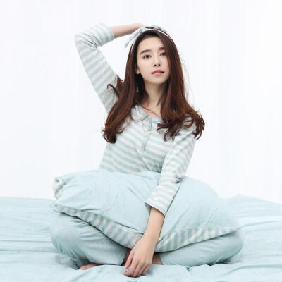 

Top melon pajamas women 2017 autumn new cotton stripes long-sleeved home suits t80106 blue stripes 170