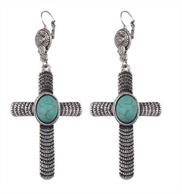 

Idealway Bohemian Vintage Silver Alloy Oval Natural Turquoise Stone Cross Long Dangle Earrings Women Jewelry