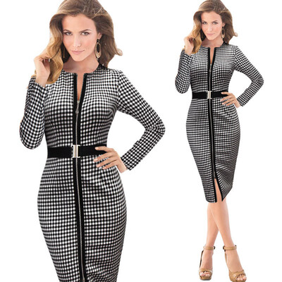 

2016 New Womens Belted Check Front Zipper Slit Tunic Wear To Work Business Casual Party Pencil Bodycon Sheath Dress