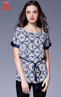 

XL XXL 3XL 4XL 5XL plus size vintage new summer 2018 women blouse shirt short sleeve big size blue&white print loose lady