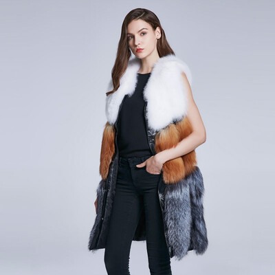 

Winter womens jacket fox long natural fur vest genuine fur vest warm fox fur collar multi-color stitching 2018 new discount