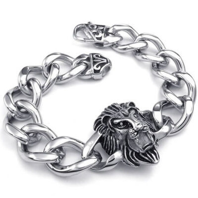 

Hpolw Mens silver Stainless Steel Biker/Bicycle link chain Heavy Wide Gothic Lion head hollow Bracelet Key buckle Bracelet