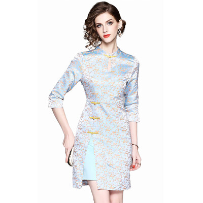 

2018 New Arrival Sky Blue Retro Cheongsams Short Sheath Ladies Cheongsams Dresses Sexy Prom Dress