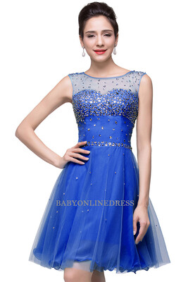 

A-line Sleeveless Crew Short Tulle Prom Dresses with Crystal Beads
