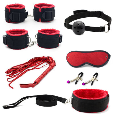 

7 Pcs Bondage Set Cotton RedBDSM Restraint Sex Toys for Couple Handcuffs Sexy Mark Whip Collar for Adult Slave Game Sex Product